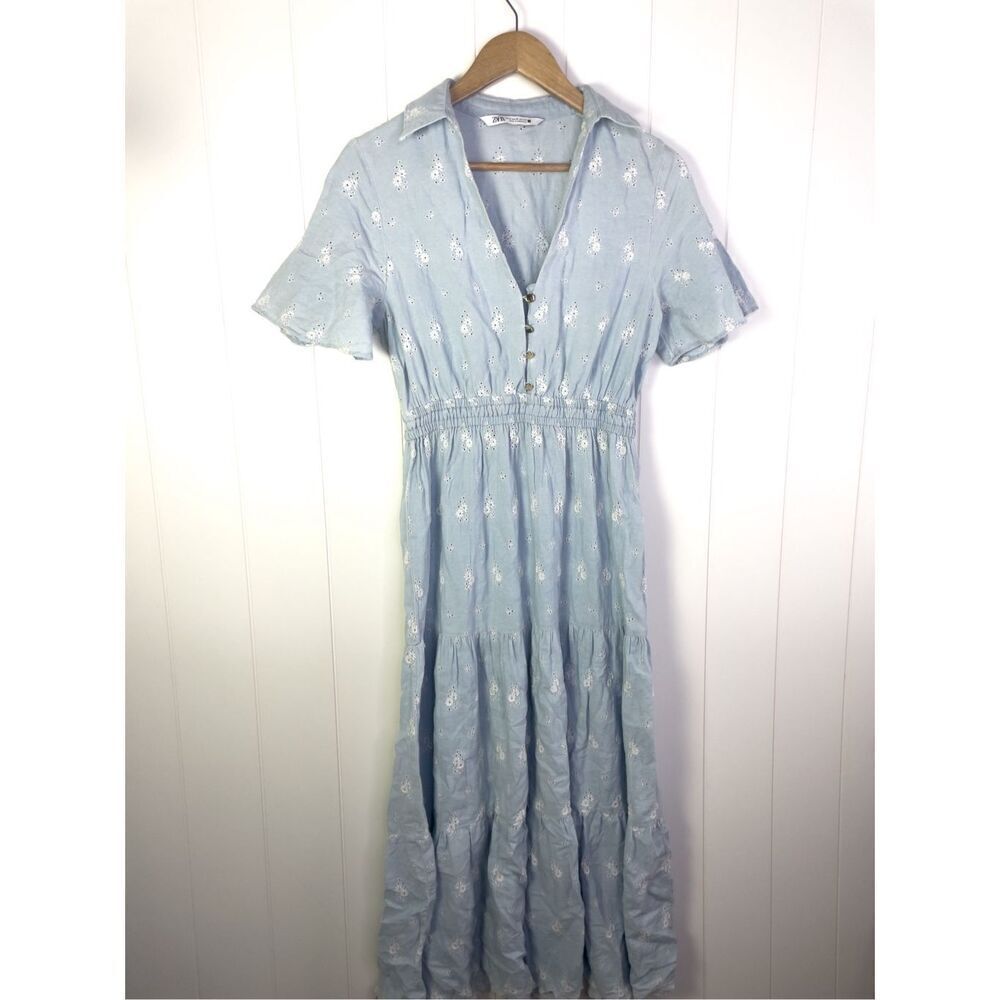 ZARA Pale Blue Tiered Midi‎ Dress with Cutwork Embroidery Size M Bloggers Fave